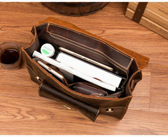 Casual Brown Leather Mens 14 inches School Backpacks Shoulder Briefcase Computer Backpack for Men - iwalletsmen