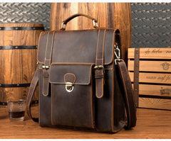 Casual Brown Leather Mens 14 inches School Backpacks Shoulder Briefcase Computer Backpack for Men - iwalletsmen