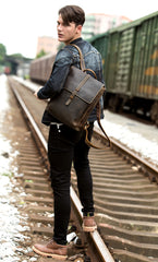 Casual Coffee Leather Mens 14 inches Laptop Travel Backpacks School Computer Backpack for Men - iwalletsmen
