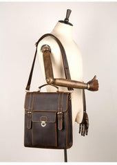 Casual Brown Leather Mens 14 inches School Backpacks Shoulder Briefcase Computer Backpack for Men - iwalletsmen