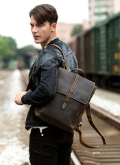 Casual Coffee Leather Mens 14 inches Laptop Travel Backpacks School Computer Backpack for Men - iwalletsmen