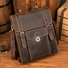 Casual Brown Leather Mens 14 inches School Backpacks Shoulder Briefcase Computer Backpack for Men - iwalletsmen