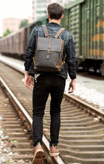 Casual Coffee Leather Mens 14 inches Laptop Travel Backpacks School Computer Backpack for Men - iwalletsmen