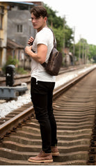 Casual Dark Brown Leather Mens Sling Pack Sling Bags Chest Bags One Shoulder Backpack for Men - iwalletsmen