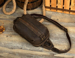 Casual Dark Brown Leather Mens One Shoulder Backpacks Sling Bags Chest Bags for Men - iwalletsmen