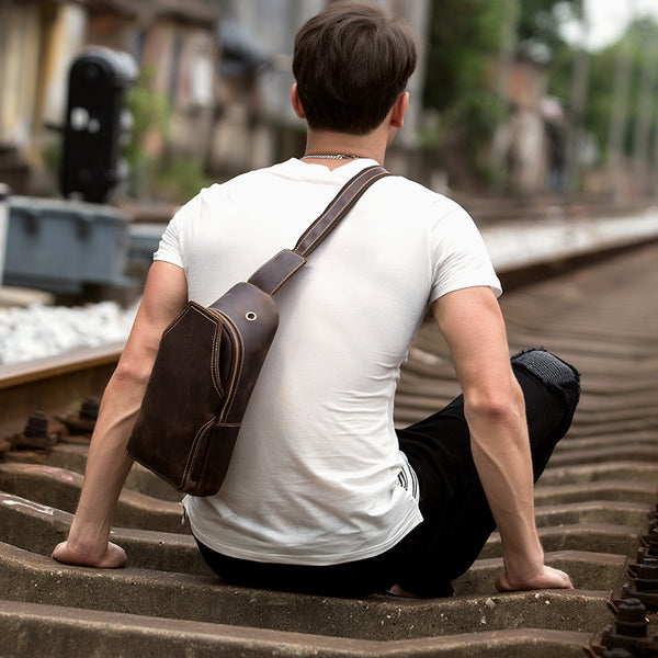 Casual Dark Brown Leather Mens Sling Pack Sling Bags Chest Bags One Shoulder Backpack for Men - iwalletsmen