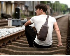 Casual Dark Brown Leather Mens Sling Pack Sling Bags Chest Bags One Shoulder Backpack for Men - iwalletsmen