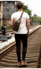 Casual Dark Brown Leather Mens Sling Pack Sling Bags Chest Bags One Shoulder Backpack for Men - iwalletsmen