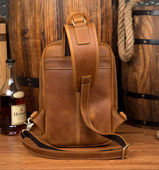 Casual Brown Mens Leather Large Sling Bag One Shoulder Pack Chest Bag Sling Backpack for men - iwalletsmen