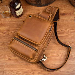 Casual Brown Mens Leather Large Sling Bag One Shoulder Pack Chest Bag Sling Backpack for men - iwalletsmen