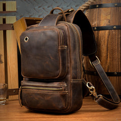 Casual Brown Mens Leather Large Sling Bag One Shoulder Pack Chest Bag Sling Backpack for men - iwalletsmen