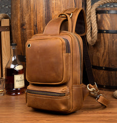 Casual Brown Mens Leather Large Sling Bag One Shoulder Pack Chest Bag Sling Backpack for men - iwalletsmen