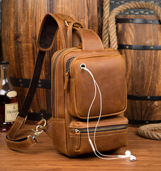 Casual Brown Mens Leather Large Sling Bag One Shoulder Pack Chest Bag Sling Backpack for men - iwalletsmen