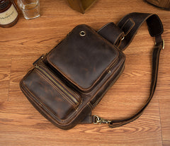 Casual Brown Mens Leather Large Sling Bag One Shoulder Pack Chest Bag Sling Backpack for men - iwalletsmen