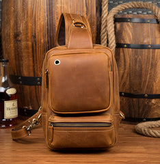 Casual Brown Mens Leather Large Sling Bag One Shoulder Pack Chest Bag Sling Backpack for men - iwalletsmen