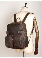 Casual Brown Mens Leather 14-inch Computer Backpacks Coffee Travel Backpack School Backpacks for men - iwalletsmen