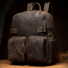 Casual Brown Mens Leather 14-inch Computer Backpacks Coffee Travel Backpack School Backpacks for men - iwalletsmen