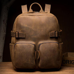 Casual Brown Mens Leather 14-inch Computer Backpacks Coffee Travel Backpack School Backpacks for men - iwalletsmen