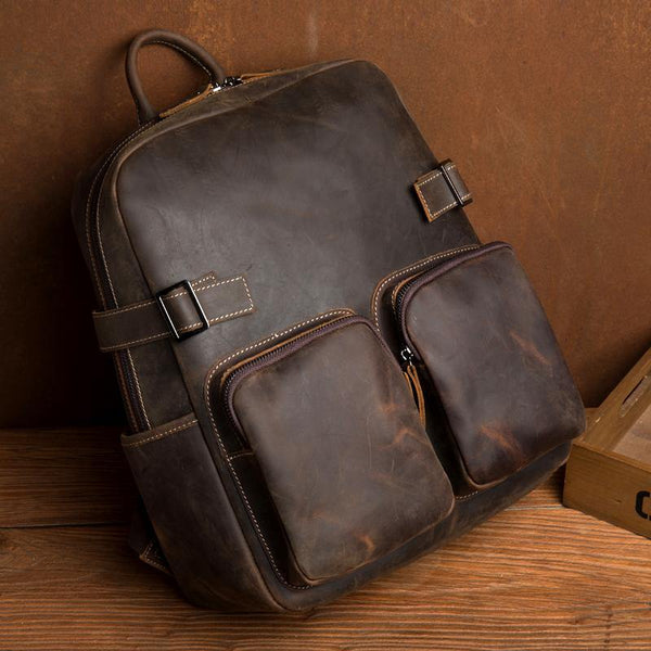 Casual Brown Mens Leather 14-inch Computer Backpacks Coffee Travel Backpack School Backpacks for men - iwalletsmen
