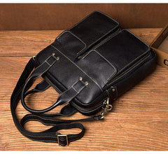 Fashion Black Leather 12 inches Vertical Briefcase Work Shoulder Bag Black Messenger Bag Computer Work Bag for Men - iwalletsmen
