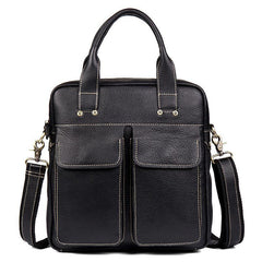 Fashion Black Leather 12 inches Vertical Briefcase Work Shoulder Bag Black Messenger Bag Computer Work Bag for Men - iwalletsmen