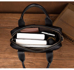 Fashion Black Leather 12 inches Vertical Briefcase Work Shoulder Bag Black Messenger Bag Computer Work Bag for Men - iwalletsmen
