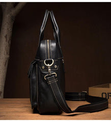Fashion Black Leather 12 inches Vertical Briefcase Work Shoulder Bag Black Messenger Bag Computer Work Bag for Men - iwalletsmen