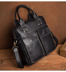 Fashion Black Leather 12 inches Vertical Briefcase Work Shoulder Bag Black Messenger Bag Computer Work Bag for Men - iwalletsmen