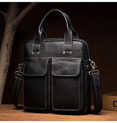 Fashion Black Leather 12 inches Vertical Briefcase Work Shoulder Bag Black Messenger Bag Computer Work Bag for Men - iwalletsmen