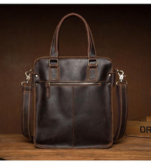 Vintage Dark Brown Leather 12 inches Veritcal Briefcase Work Bag Messenger Bags Handbag for Men - iwalletsmen