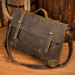 Vintage Dark Brown Leather 15 inches Briefcase Messenger Bags Work Side Bags for Men - iwalletsmen