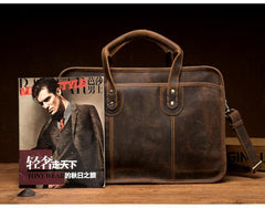 Cool Dark Brown Mens Leather 15 inches Large Briefcase Work Bag Side Bag Travel Handbag for Men - iwalletsmen