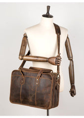Cool Dark Brown Mens Leather 15 inches Large Briefcase Work Bag Side Bag Travel Handbag for Men - iwalletsmen