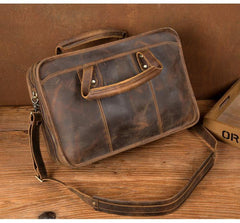 Cool Dark Brown Mens Leather 15 inches Large Briefcase Work Bag Side Bag Travel Handbag for Men - iwalletsmen