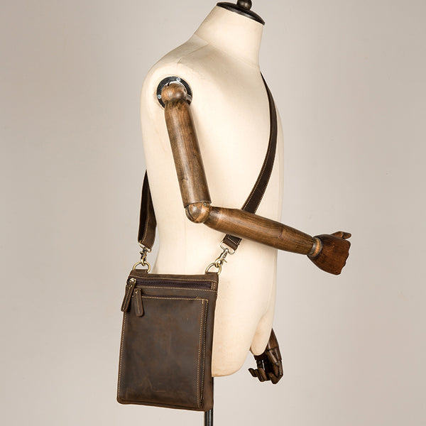 Dark Brown Cool Leather Small Vertical Side Bag Messenger Bags Courier Bag for Men - iwalletsmen