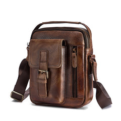 Dark Brown Leather Small Zipper Messenger Bag Vertical Side Bag Brown Courier Bag For Men - iwalletsmen