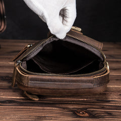 Dark Brown Leather Small Zipper Messenger Bag Vertical Side Bag Brown Courier Bag For Men - iwalletsmen