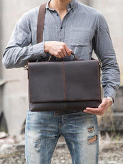 Dark Brown Leather Mens Large 14 inches Work Briefcase Laptop Bag Messenger Bags Work Side Bags for Men - iwalletsmen