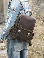 Dark Brown Cool Mens 15 inches Leather Computer Backpacks Travel Backpacks Laptop Backpack for men - iwalletsmen