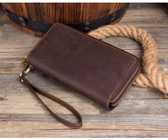 Cool Dark Brown Mens Bifold Zipper Long Wallet Clutch Wallet Wristlet CellPhone Wallet for Men - iwalletsmen
