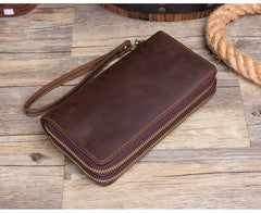 Cool Dark Brown Mens Bifold Zipper Long Wallet Clutch Wallet Wristlet CellPhone Wallet for Men - iwalletsmen