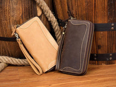 Cool Dark Brown Mens long Wallet Wristlet Wallet Clutch Wallet Yellow Brown Long Wallets for Men - iwalletsmen