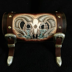 Cool Handmade RAM Skull Tooled Leather Mens Biker Saddle Bag Biker Barrel Side Bag Messenger Bag For Men - iwalletsmen