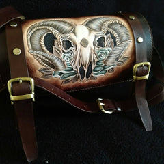 Cool Handmade RAM Skull Tooled Leather Mens Biker Saddle Bag Biker Barrel Side Bag Messenger Bag For Men - iwalletsmen