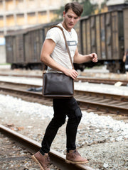 Fashion Dark Brown Leather 11 inches Postman Bag Messenger Bags Courier Bag for Men - iwalletsmen