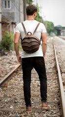 Dark Brown Unique Mens Leather 10-inch Small Backpacks Cool Beetle Backpacks Round Backpack for men - iwalletsmen
