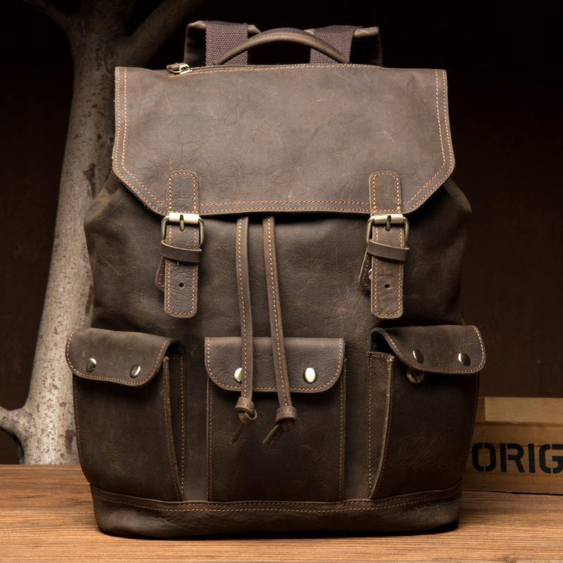 Fashion Coffee Mens Leather 15-inch Computer Backpack Travel Backpacks School Backpacks for men - iwalletsmen