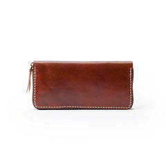 Dark Brown Handmade Leather Mens Long Wallet Zipper Bifold Long Clutch Wallets For Men - iwalletsmen
