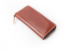 Dark Brown Handmade Leather Mens Long Wallet Zipper Bifold Long Clutch Wallets For Men - iwalletsmen