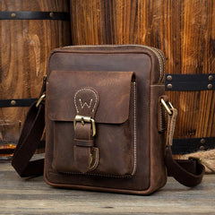 Casual Dark Brown Leather Mens Mini Vertical Messenger Bag Small Side Bags Postman Bag for Men - iwalletsmen
